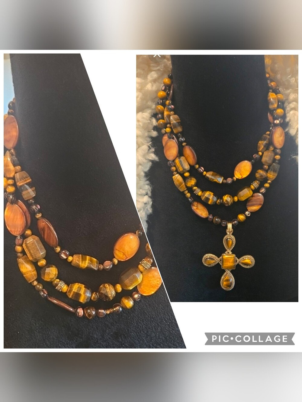 Multi-Strand Barse Tiger's Eye Beaded Necklace with Brass Cross Pendant